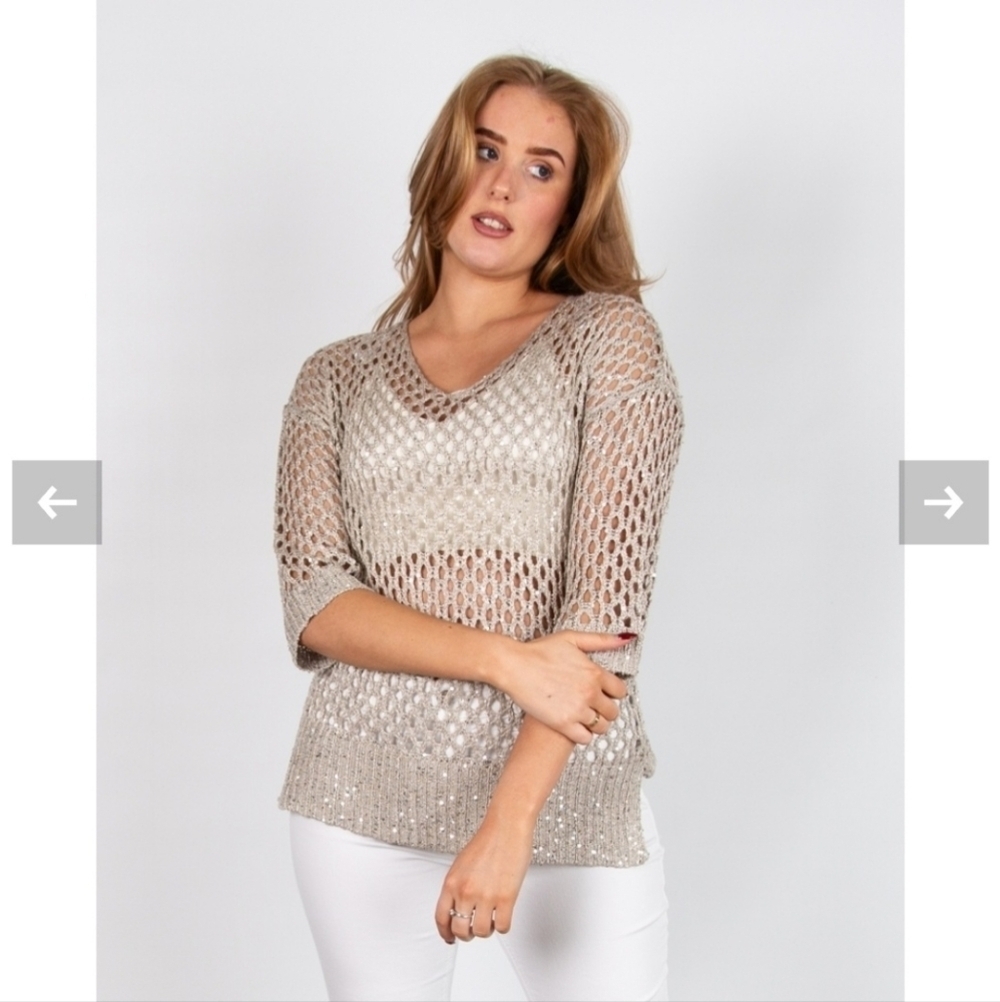 Joseph Ribkoff V Neck Crochet Knit Sweater Sequin Champange Size XXL